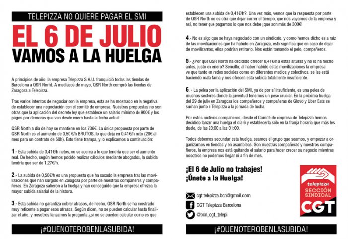 QSR - Telepizza Barcelona anirà a la vaga el pròxim 6 de juliol